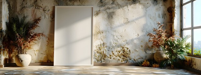 Poster - Minimalist White Frame Mockup Leaning Against Textured Plaster Wall in Mediterranean Villa