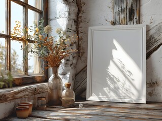 Poster - Clean White Frame Mockup on Weathered Wood Table in Rustic Cabin with Natural Lighting