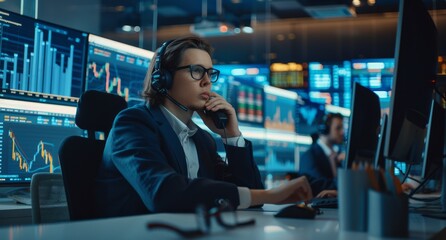 Poster - Professional call center agent working in a bustling office environment with multiple monitors