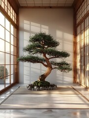 Poster - Minimalist Japanese Tea Room 3D Rendered Mockup with White Frame Tatami Mats and Bonsai Tree