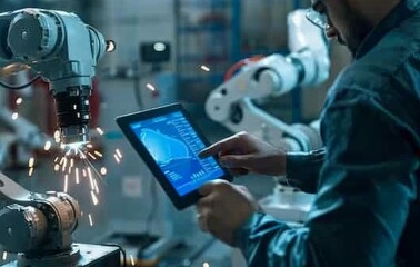 Poster - Engineer operating industrial robotic arm with tablet in high-tech manufacturing setting