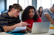 © Daniel - Caucasian teen boy and black teenage female high school students in class working together using laptop.
