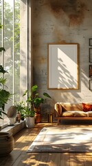 Poster - Minimalist 3D Rendered Mockup of Modern Decor Frame in Retro Inspired House Interior