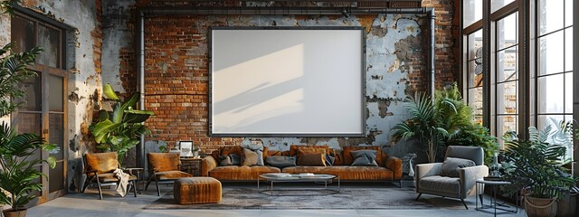 Poster - a 3d rendered mockup of a large modern metal frame mounted on an exposed brick wall in an open conce