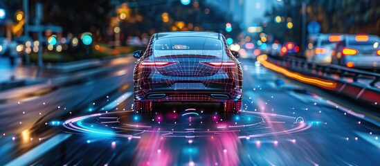 A high-tech self-driving car navigates a bustling city street at night, featuring a digital overlay and vibrant light trails.