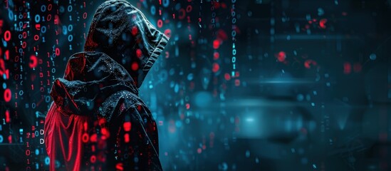 A hooded figure in a dark jacket stands amidst floating digital code and binary numbers, representing cybersecurity and hacking themes.