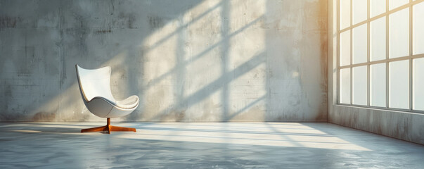 Poster - A white chair is sitting in a room with a large window. The room is empty and has a minimalist feel
