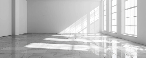 Poster - A large, empty room with white walls and a white floor. The room is very bright and spacious, with sunlight streaming in through the windows. The emptiness of the room gives it a sense of calm