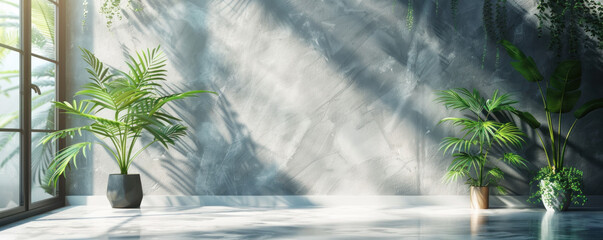 Poster - A large window with a wall of greenery in front of it. The wall is made of concrete and has a greyish color. There are two potted plants on the wall, one on the left and one on the right