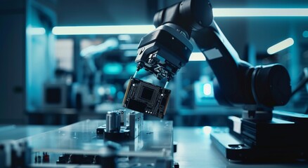 Poster - robotic arm holding a microchip in a high-tech laboratory setting