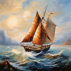 Wall Mural - Sailing ship in the sea at sunset, 3d illustration.