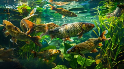 Wall Mural - A group of fish swimming in an aquarium.