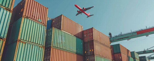 Poster - A red airplane flies over a large stack of containers. Concept of movement and progress, as the airplane represents transportation and the containers symbolize trade and commerce