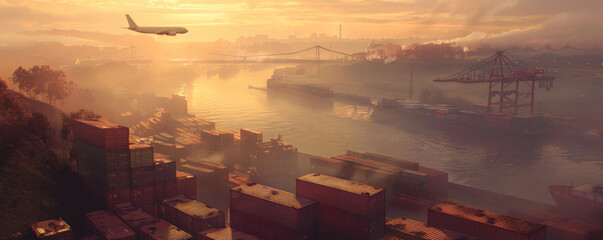 Poster - A plane is flying over a city with a large body of water in the background. The sky is orange and the water is calm. The scene is peaceful and serene