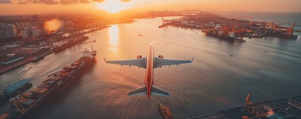 Poster - A plane is flying over a city and a body of water. The sky is orange and the sun is setting