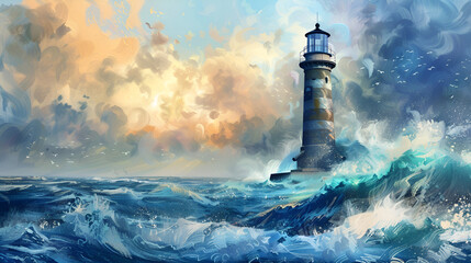 Wall Mural - Artistic Style Painting of A Lighthouse in the Ocean On A Island Aspect 16:9
