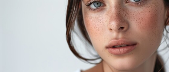 Wall Mural - A close-up of a person with striking blue eyes, freckles, and light makeup, gazing directly at the camera.