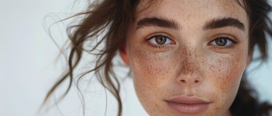 Wall Mural - A close-up portrait of a person with freckled skin, prominent eyebrows, and wavy hair, looking directly at the camera with a calm expression.