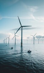 Sticker - Offshore wind turbines towering above the sea, with boats navigating nearby under a clear sky