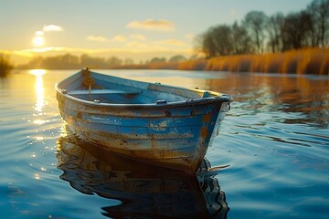 Poster - A small boat sits on the water at sunset.