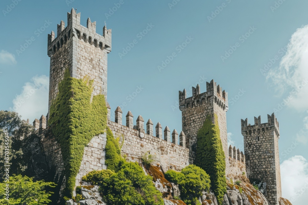 Majestic medieval castle with ivy-covered stone towers under a clear ...