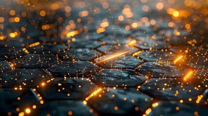 Poster - Vast network of hexagonal black metal planes with pulsing golden energy lines illuminating the sleek minimalist surfaces  Radiant ethereal glow creates an enigmatic
