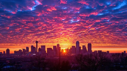 Wall Mural - Bright sunset over the city skyline With various buildings Contrasting with the colorful sky