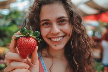 Smiling woman shows ripe strawberries to the camera