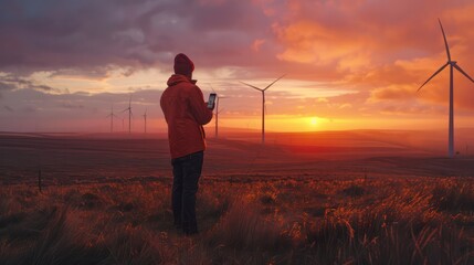 A Engineer standing in a wind farm Looking at the sunset horizon of the windmills and holding a mobile phone full body red shirt.