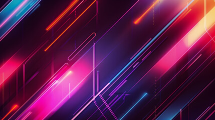 Poster - Glowing Neon Abstract Geometric Shapes and Dynamic Luminescent Lines in Sleek Minimalist Digital with Vibrant Contrasting Hues Retro Futuristic Influence and Darkened Urban Backdrop