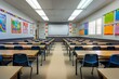 © MISHAL - A clean and tidy empty classroom with rows of neatly arranged desks, a whiteboard at the front, and colorful educational posters on the walls