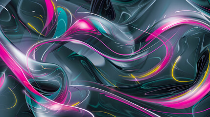 Poster - Mesmerizing abstract composition of electrified neon swirls and shapes that intertwine and flow seamlessly across a charcoal grey backdrop creating a modern high tech