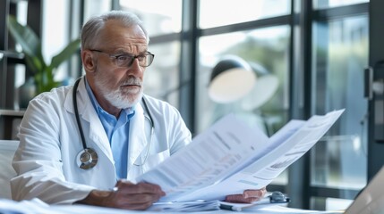 Wall Mural - Confident hospital administrator reviewing paperwork in an office. 