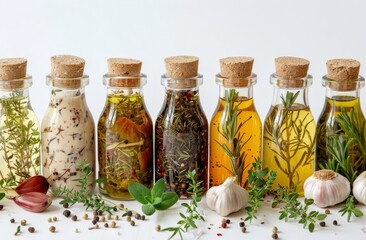 Wall Mural - Infused Herb Oils in Glass Bottles With Garlic and Peppercorns