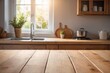© Introvertia - Wooden kitchen countertop with blurred background of sink stove and window
