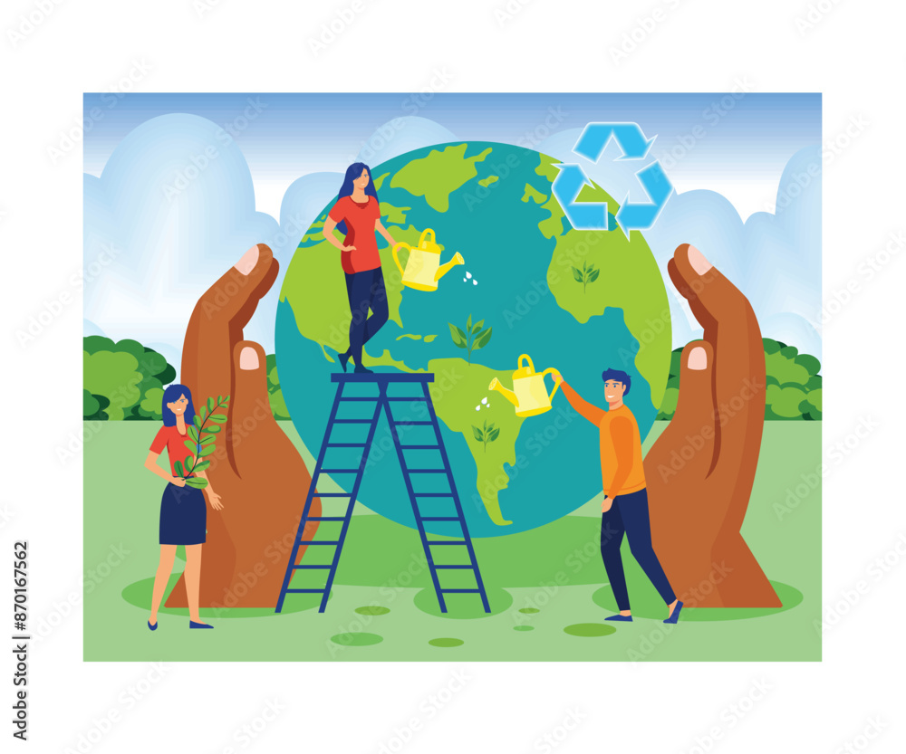 Save the planet. A group of people or ecologists care for the earth ...