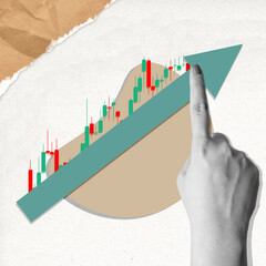 Poster - The human hand pointing to a rising chart arrow