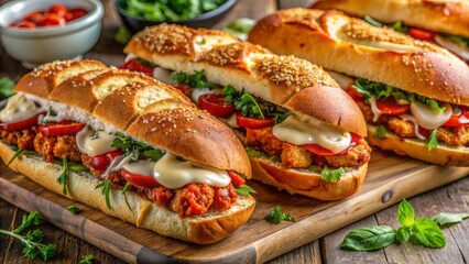 Vibrant arrangement of assorted chicken parmesan subs showcasing creative twists, juicy poultry, melted mozzarella, and crunchy breading against a clean backdrop.