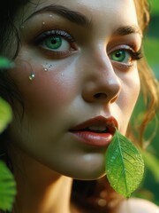 Canvas Print - Woman with Green Eyes and a Leaf.