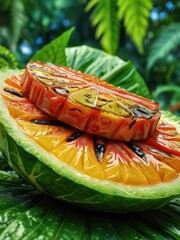 Wall Mural - Closeup of a colorful, juicy fruit slice on a green leaf.