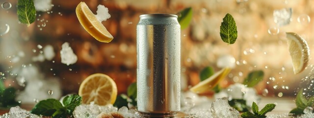 Mockup of can floating in air with mint leaves, brown sugar, and lemon behind in the air scattered to, all hovering in an abstract vibrant space.