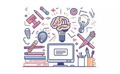 Poster - A flat line art illustration of the concept smart school, vector graphic design with elements such as brain in light bulb and creative tools like computer monitor, pencil, paintbrushes on white backgr