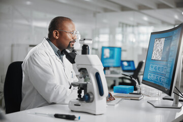 Aufkleber - Science, lab and virus research with black man and computer for microscope data analysis and report. Working, scientist and medical journal study with technology and professional with disease check