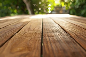 Wall Mural - Wooden Table with Blurred Green Background