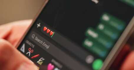 Aufkleber - Person, hands and smartphone in closeup for internet chat and emoji for connection, messaging and networking. People, mobile and touchscreen with text app or scroll on social media for communication