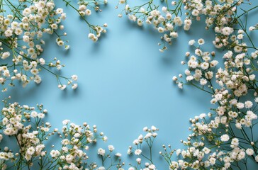 Wall Mural - White Babys Breath Flowers Arranged Around Blue Background