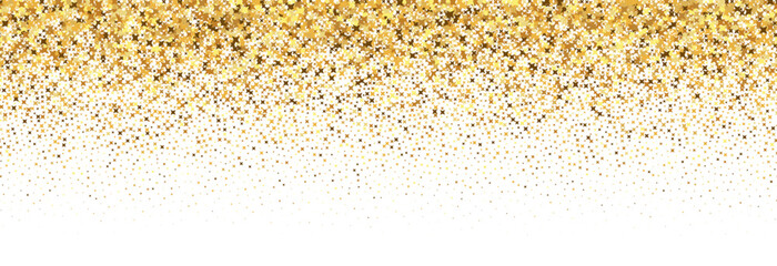 Wall Mural - Gold falling star confetti background. Repeated golden sparkle glitter pattern. Yellow and orange sparks gradient wallpaper. Celebration Christmas, New Year or birthday party backdrop. Vector 