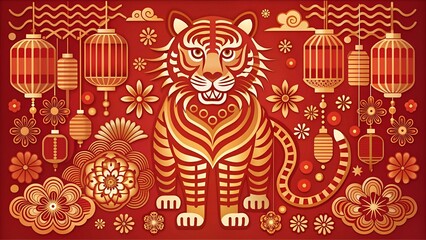 Chinese new year 2022 year of the tiger - Collection of red traditional Chinese zodiac symbol, illustrations, art elements. , Lunar new year concept, modern design