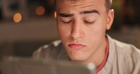 Poster - Tablet, thinking and business man reading research online for inspiration or idea in startup closeup at night. Doubt, technology and creative person problem solving, confused or planning decision