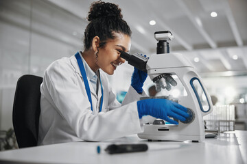 Poster - Microscope, happy woman and science research of study with healthcare, scientist and laboratory work. Analysis, testing and medical professional with microplastic investigation for scientific journal